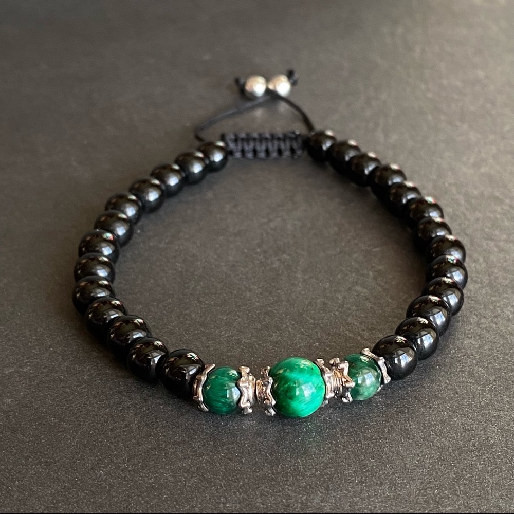 Men Green Tiger Eye Black Onyx Bracelet Adjustable beaded Cord - Picture 3 of 4